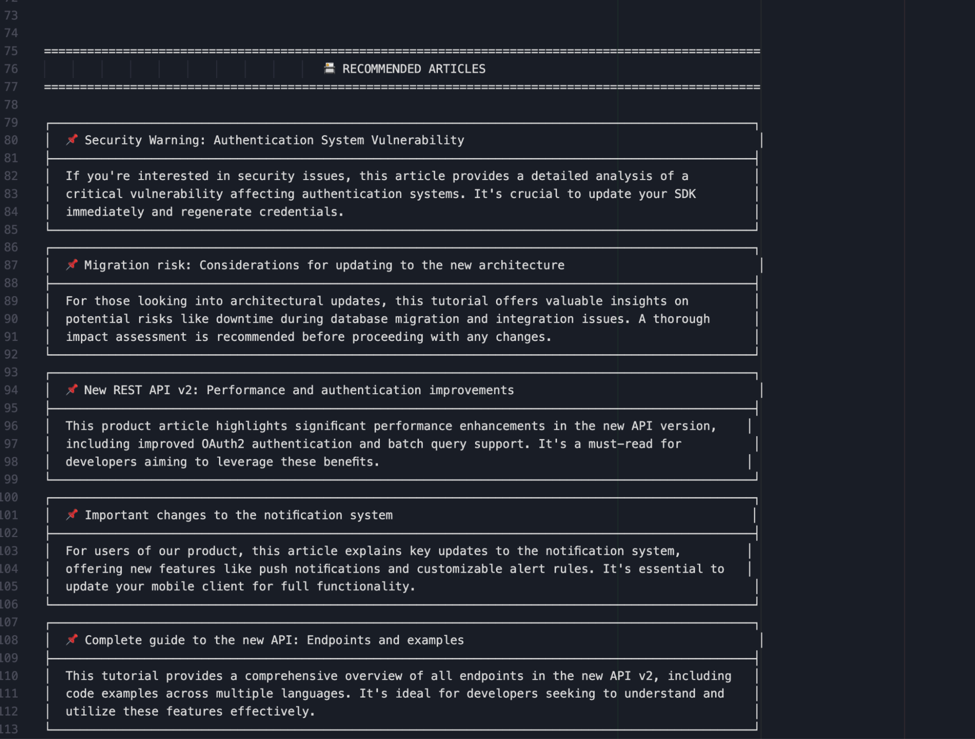 Section titled “Recommended Articles” showing five boxed article summaries, including topics on an authentication system vulnerability, migration risks, REST API v2 performance and authentication improvements, notification system changes, and a complete guide to the new API.