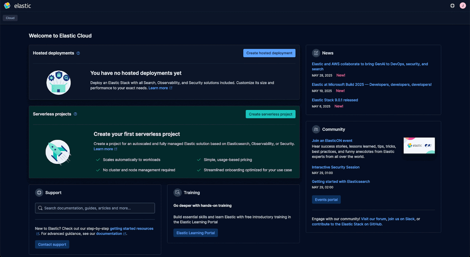How to create a new Serverless project in Elasticsearch.