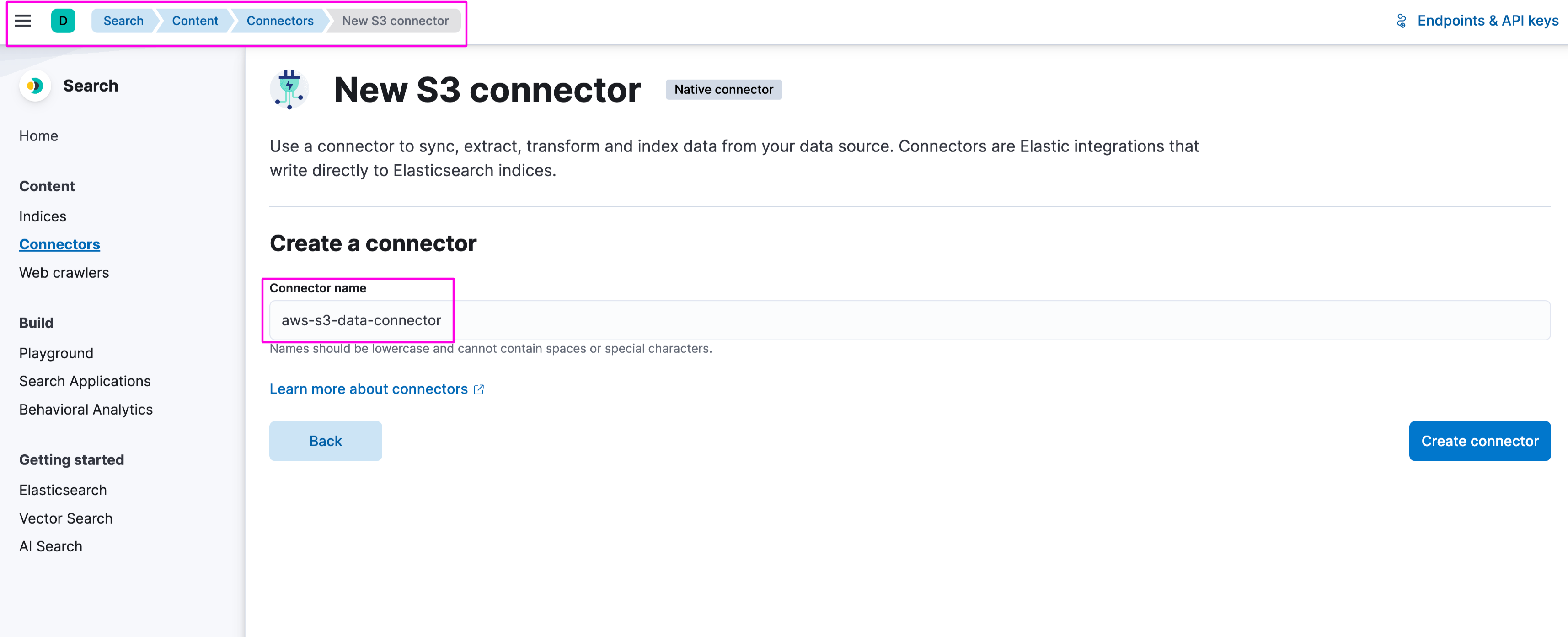 Elastic AWS S3 connector create