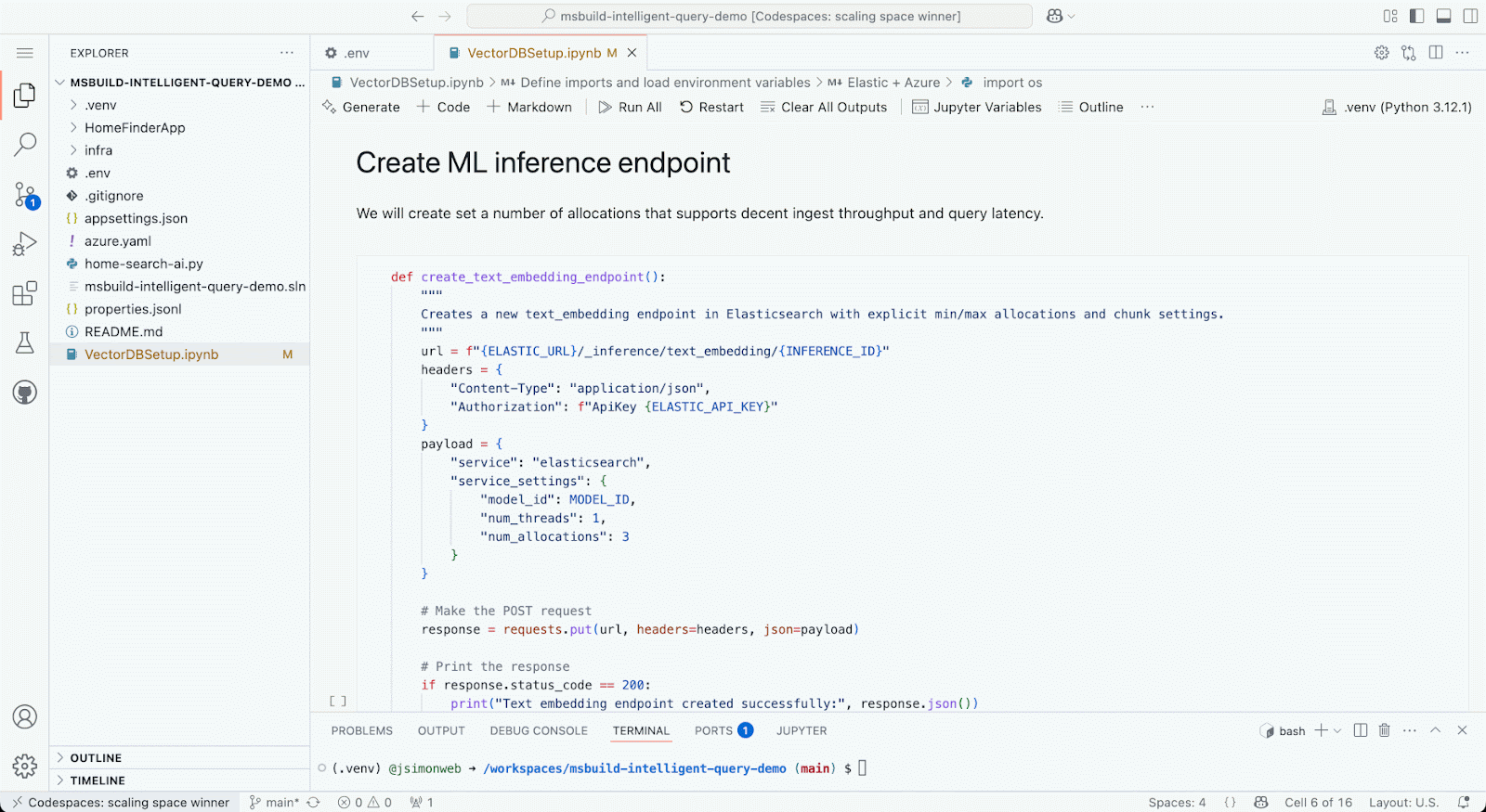 Creating an Elastic ML inference endpoint using Codespaces Notebook.