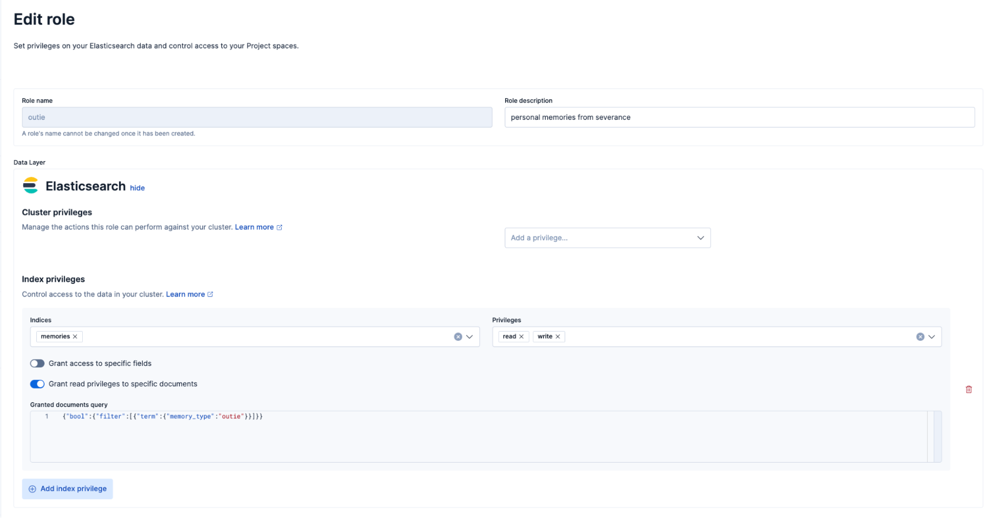 Elasticsearch role configuration showing a role with read and write privileges on the memories index, using document‑level security to restrict access to specific memory documents for a managed‑memory smart agent.