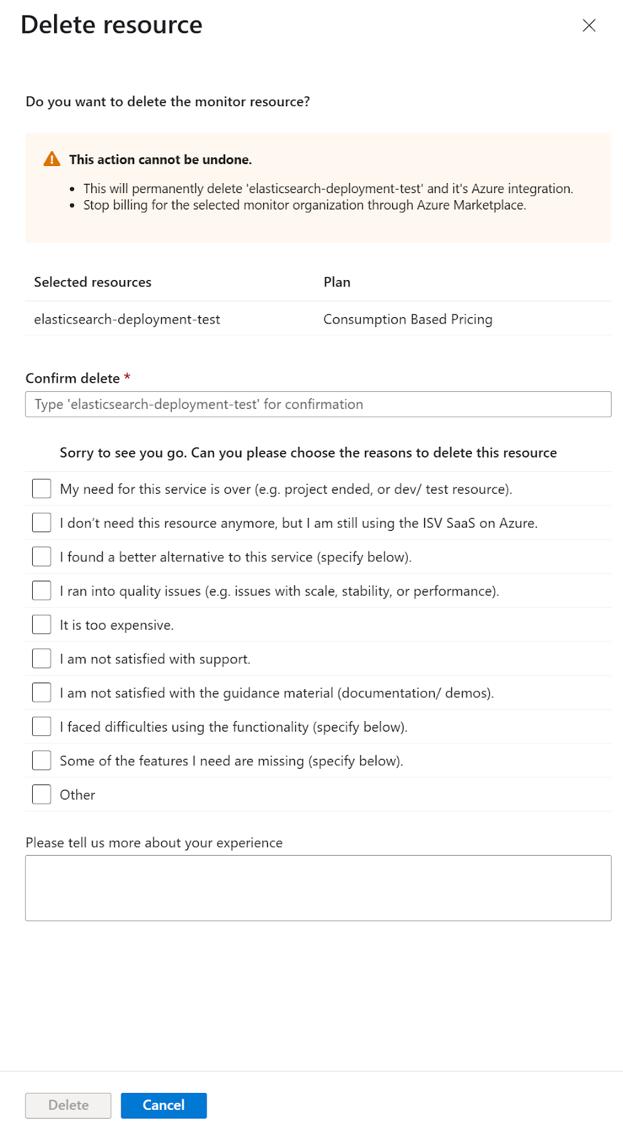 Last delete and comfirm delete steps to delete Elastic Cloud via the Azure marketplace.