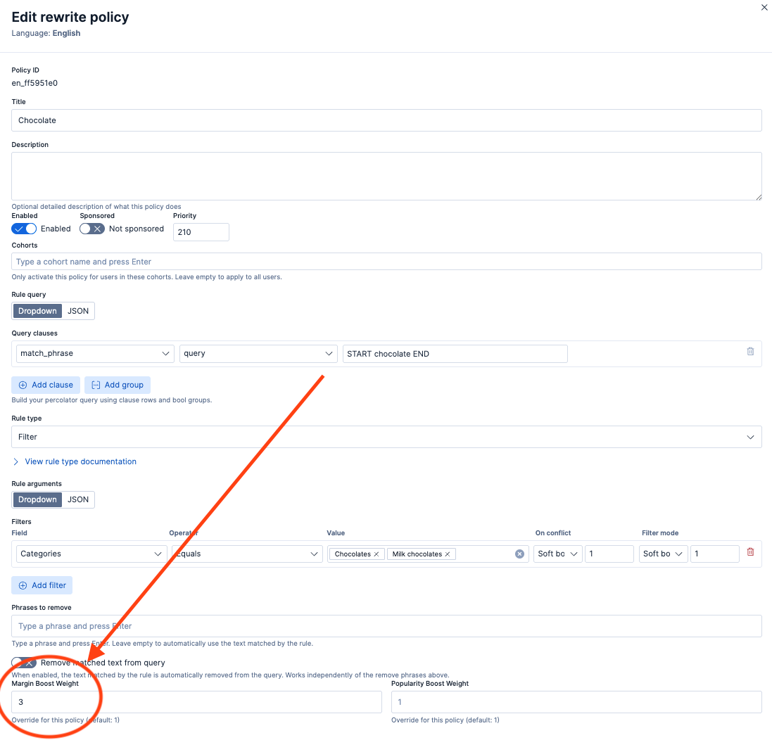 A web interface titled “Edit rewrite policy” shows configuration fields for a search rewrite rule, with a focus on the Margin Boost Weight field.