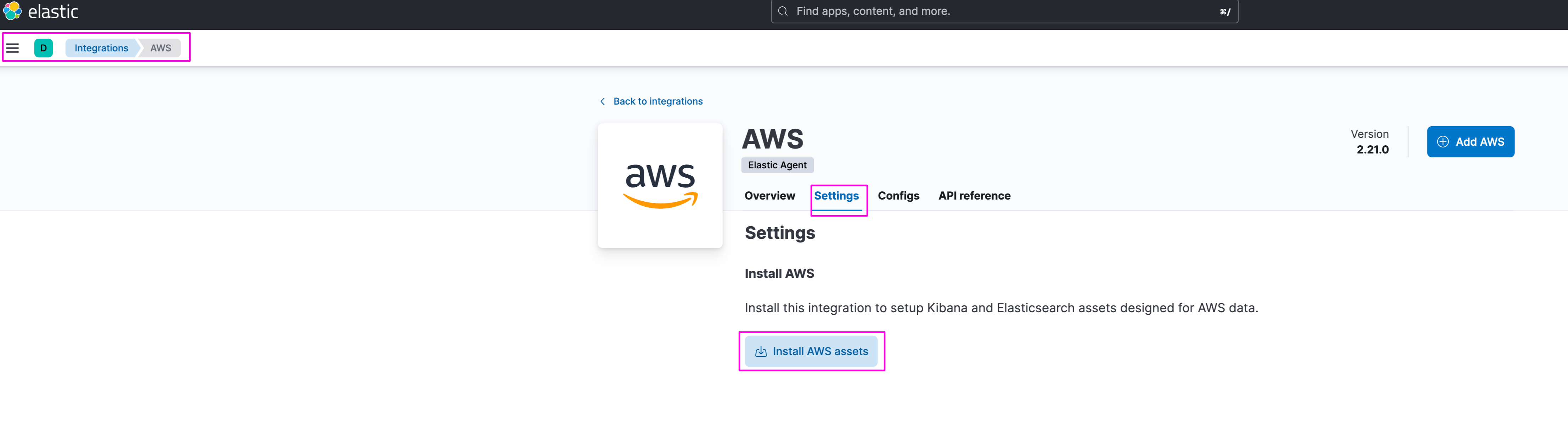 Select AWS settings