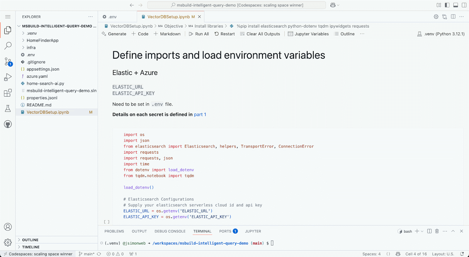 Defining imports and load environment variables using Codespaces Notebook.