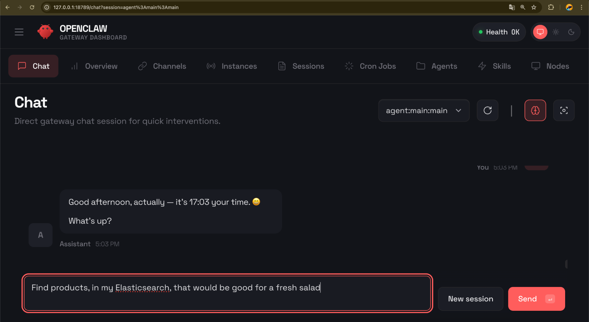 OpenClaw web chat screen, with the focus on "Find products, in my Elasticsearch, that would be good for a fresh salad."