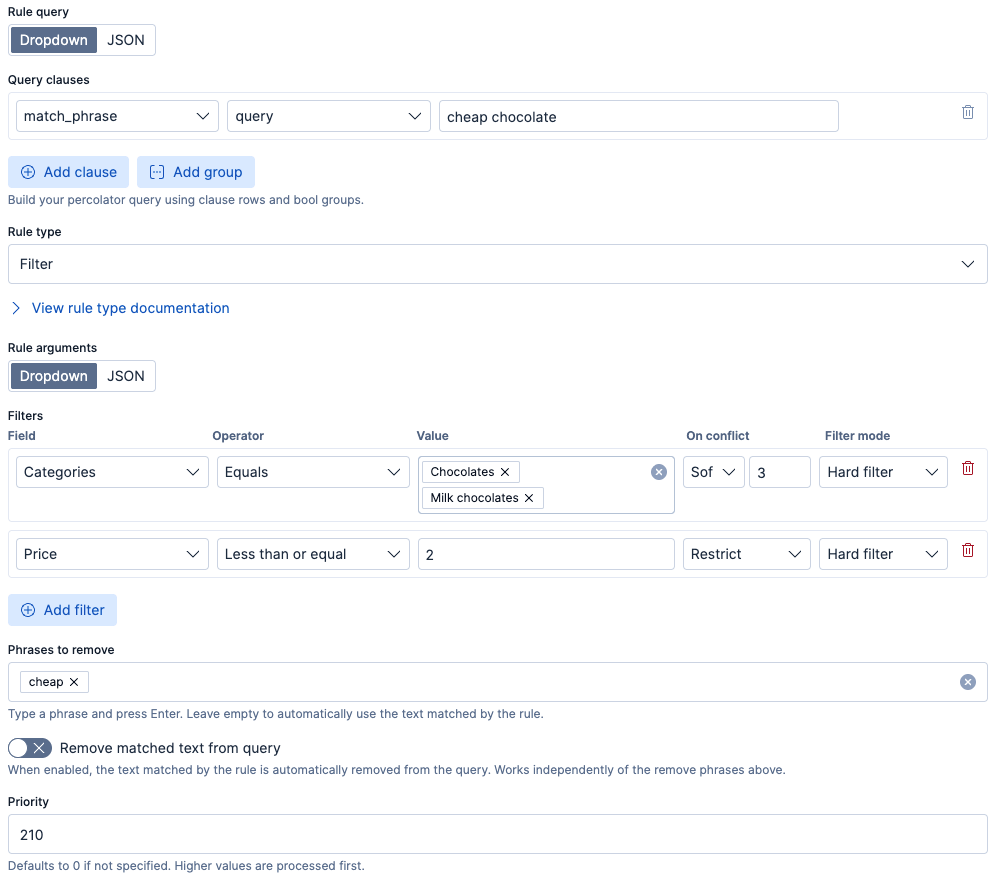 Interface showing a rule configuration with a match phrase for “cheap chocolate,” category and price filters, a phrase‑removal field, and priority settings.