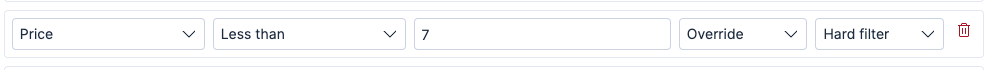 User interface showing a search policy rule with field set to Price, operator set to Less than, value set to 7, conflict handling set to Override, and filter mode set to Hard filter.