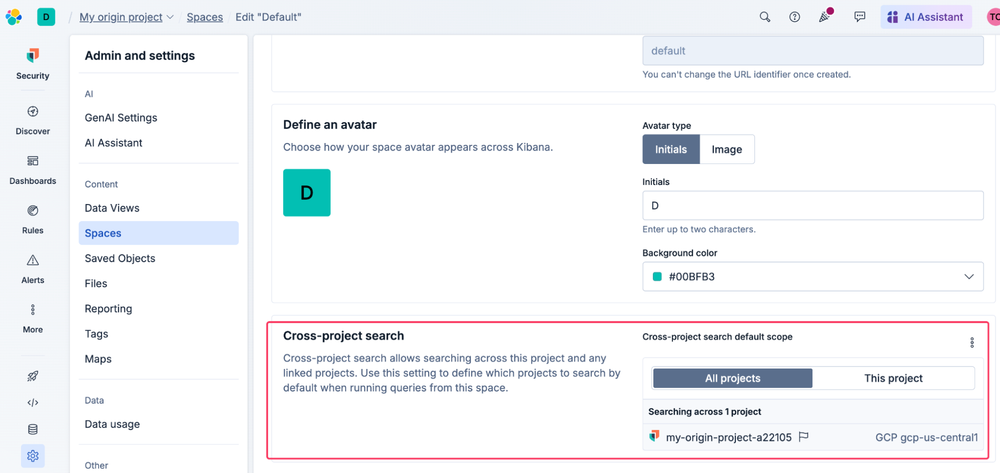Kibana Space settings page showing the Cross-project search default scope panel, with "All projects" selected and my-origin-project-a22105 on GCP us-central1 listed as the active project