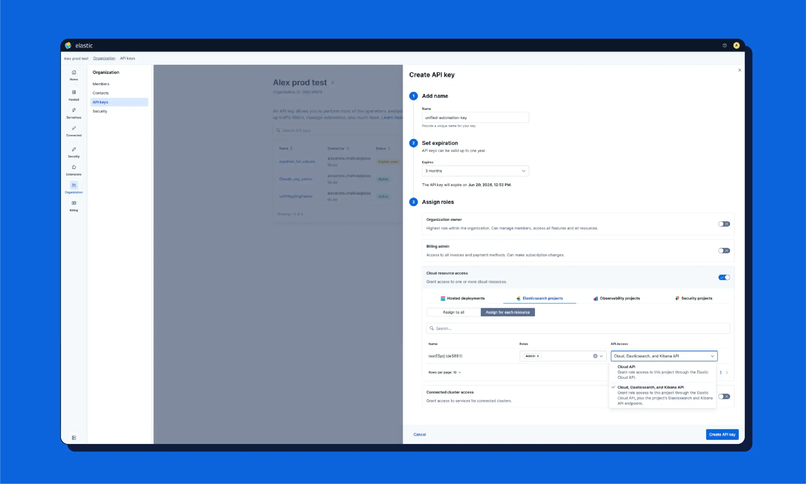Elastic Cloud screen showing the API keys page with a Create API key modal open, including fields for name, expiration, and role assignments.