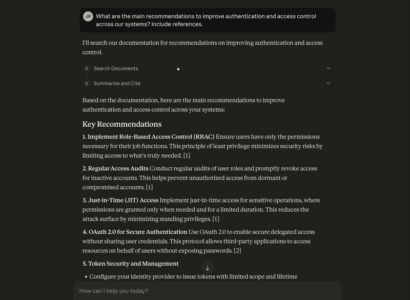 Claude Desktop chat page, with scrolling text that includes the response from each tool for the question, “What are the main recommendations to improve authentication and access control across our systems? Include references.”