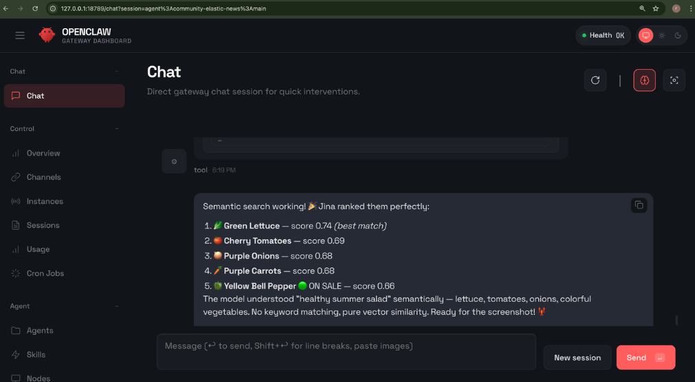 OpenClaw web chat page with "Semantic search working" message, along with a list of salad ingredients.