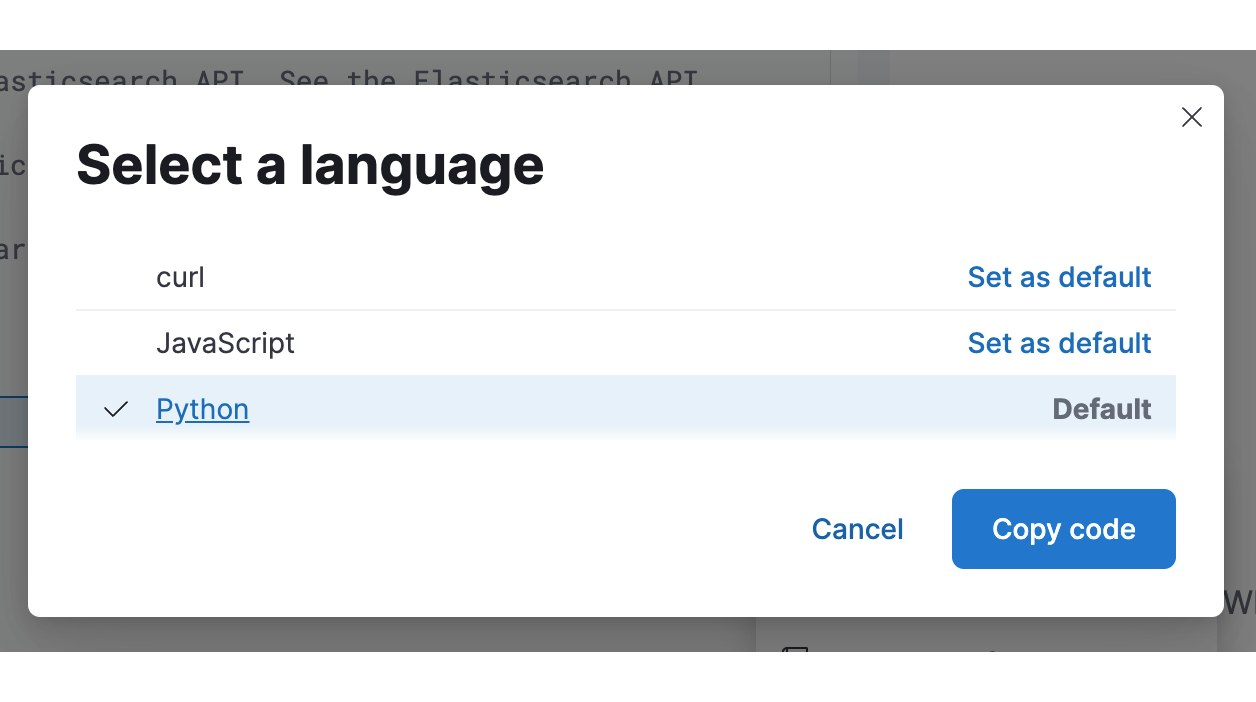 Convert your Kibana Dev Console requests to Python and JavaScript Code