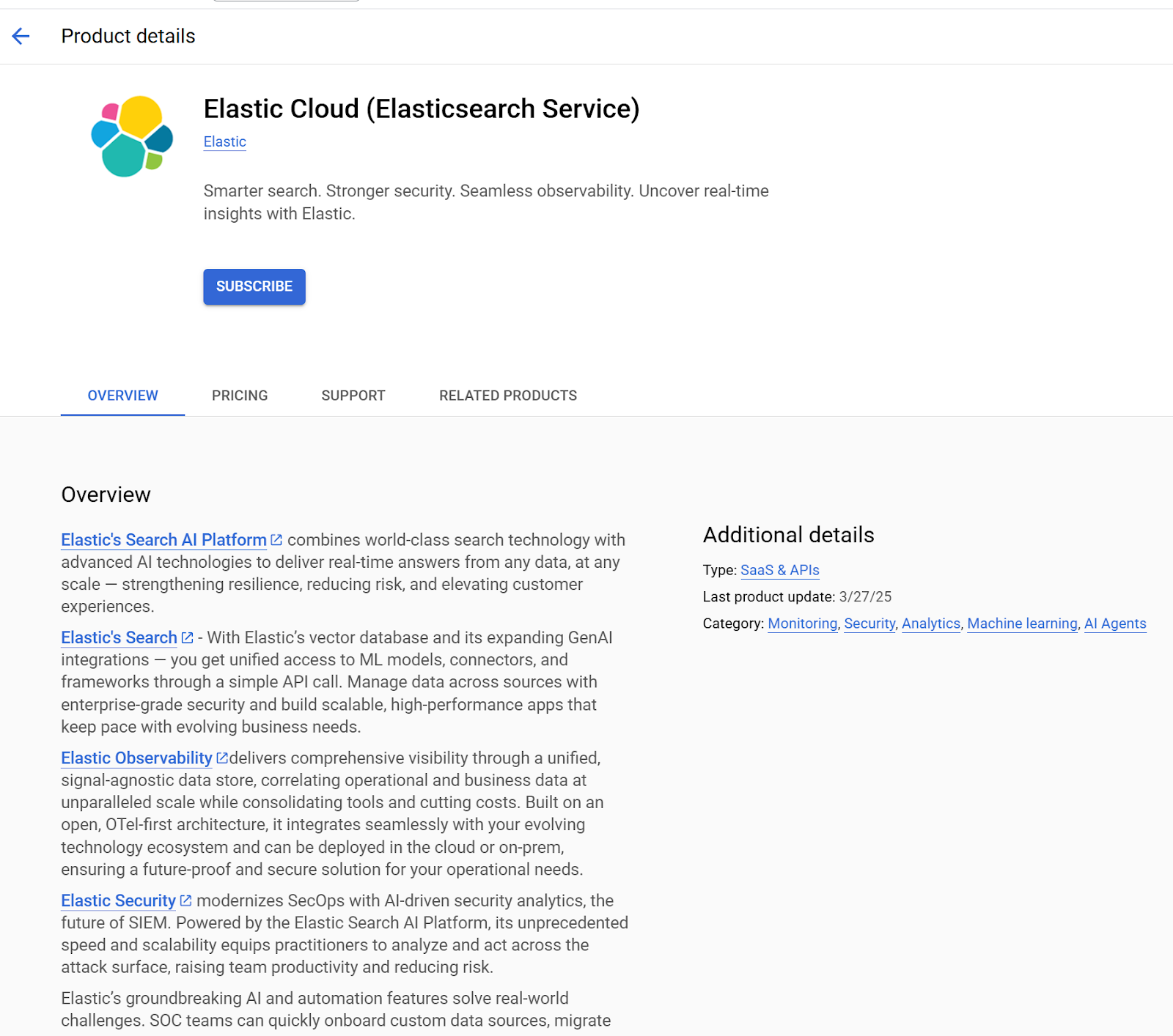 Subscribe to Elastic in GCP marketplace