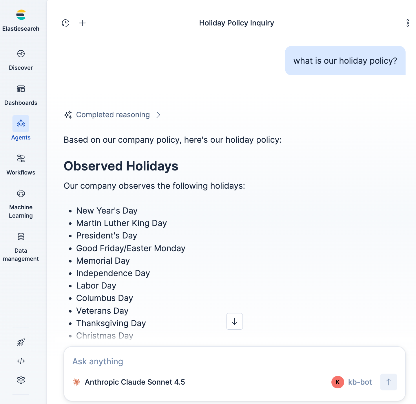 Elastic Agent interface showing a “Holiday Policy Inquiry” response that lists the company’s observed holidays in a clean, card‑style layout.