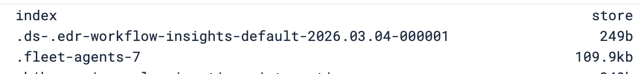able showing two index names with their corresponding storage sizes.