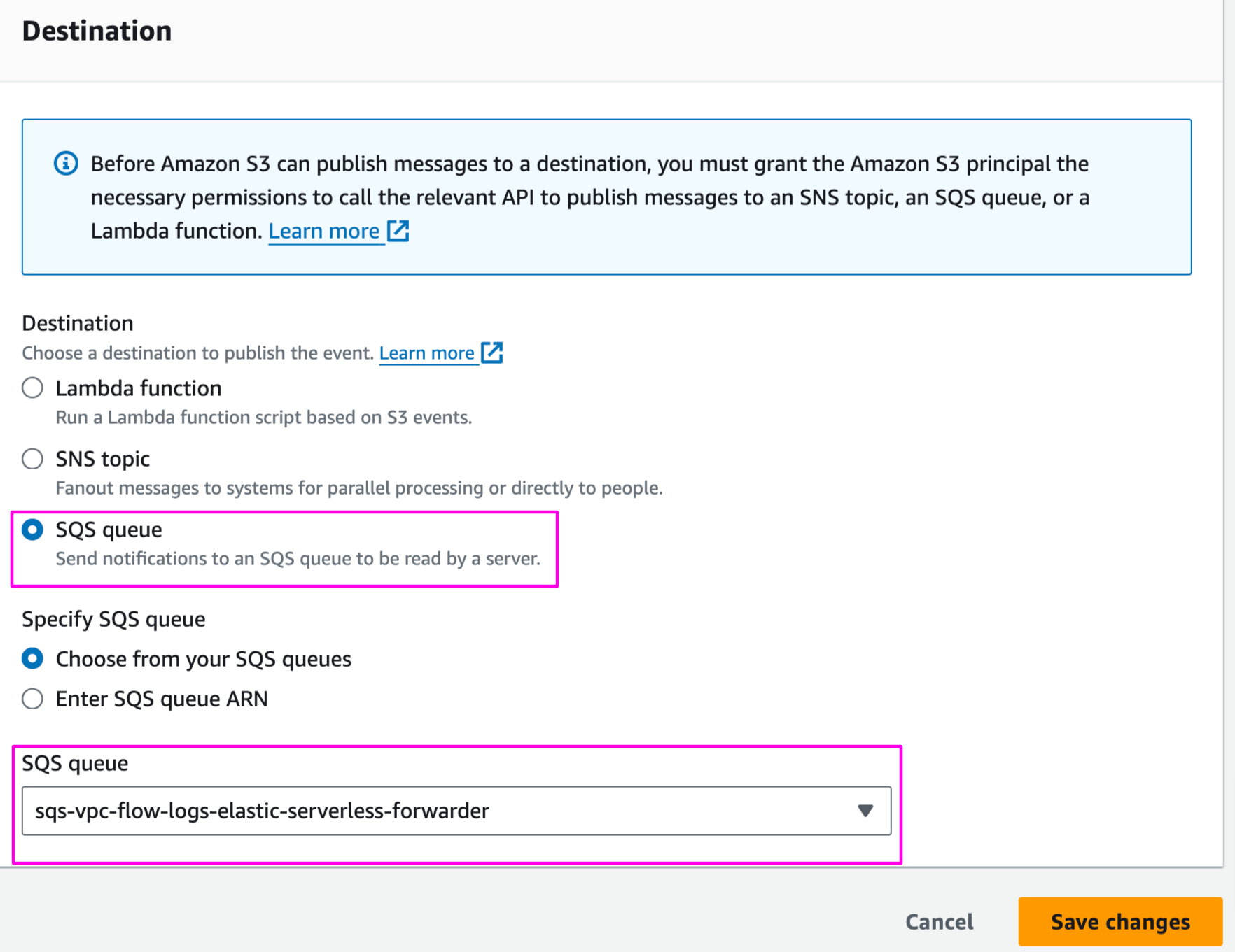 Select destination as SQS for AWS S3 data ingestion to Elastic Cloud