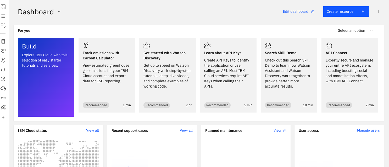 IBM cloud home page dashboard