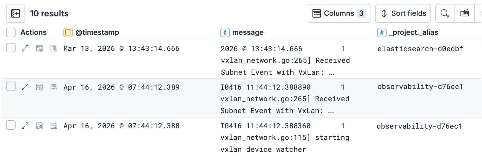 Kibana Discover showing cross-project search results with _project._alias column identifying which Elastic Serverless project each log entry came from