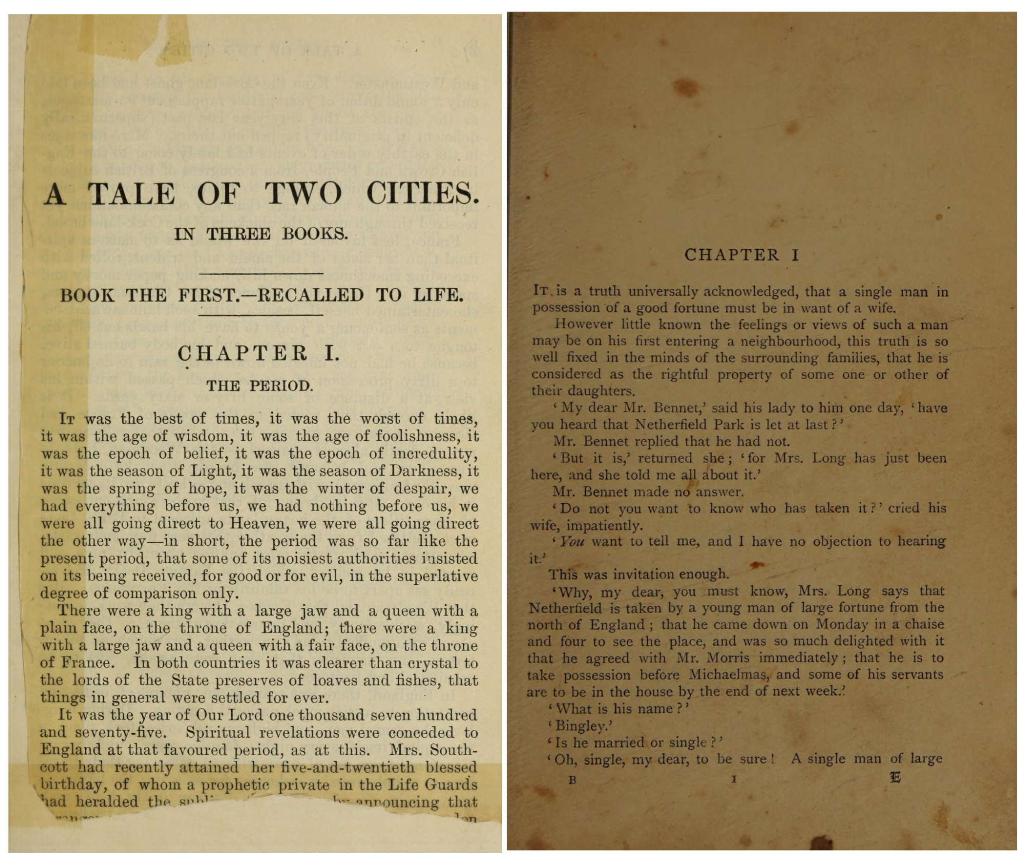 Two aged book pages display the opening passages of "A Tale of Two Cities" and "Pride and Prejudice," with the left page showing the beginning of the first chapter of an undated 19th‑century edition of "A Tale of Two Cities" and the right page showing the beginning of the first chapter of the 1903 Macmillan edition of "Pride and Prejudice."
