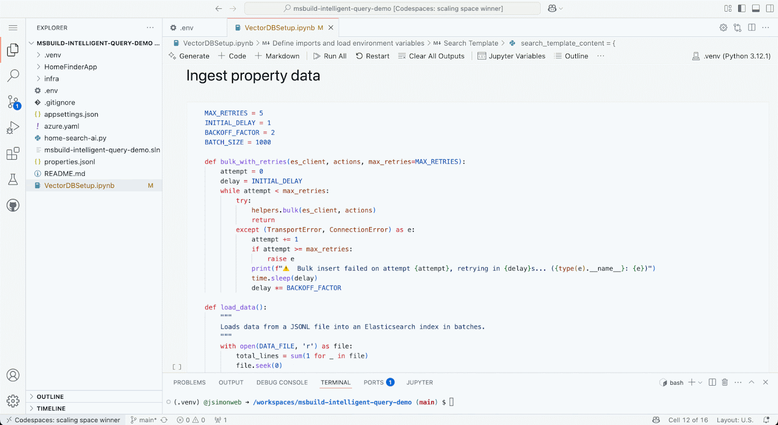 Ingesting data into the Elasticsearch index using Codespaces Notebook.