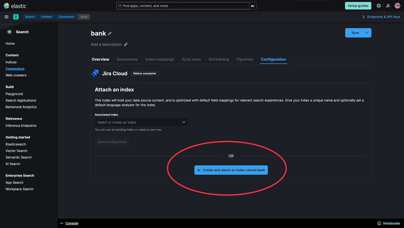 Create and attach an index named bank for Elastic Jira connector