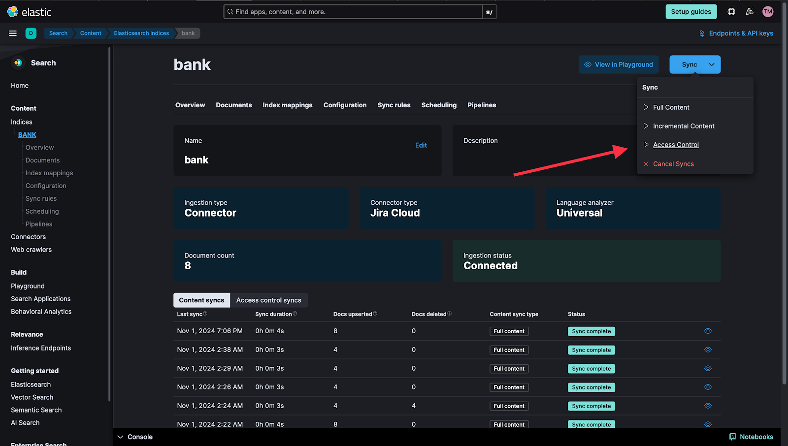 Jira connector's Control Panel in Elastic Cloud 