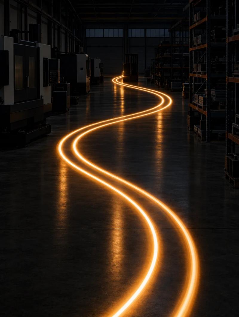 Fotografia a lunga esposizione: la scia ambra di un muletto curva sul pavimento di un capannone industriale.