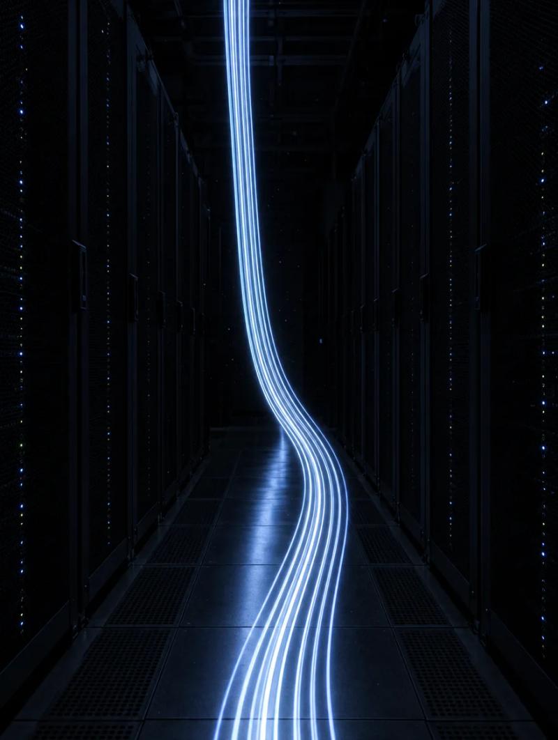 Fotografia a lunga esposizione: una scia di luce bianco-azzurra attraversa il corridoio di una sala server al buio.