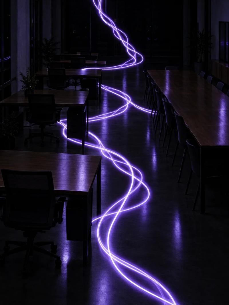 Fotografia a lunga esposizione: scie di luce viola attraversano un ufficio open space dopo l'orario di lavoro.