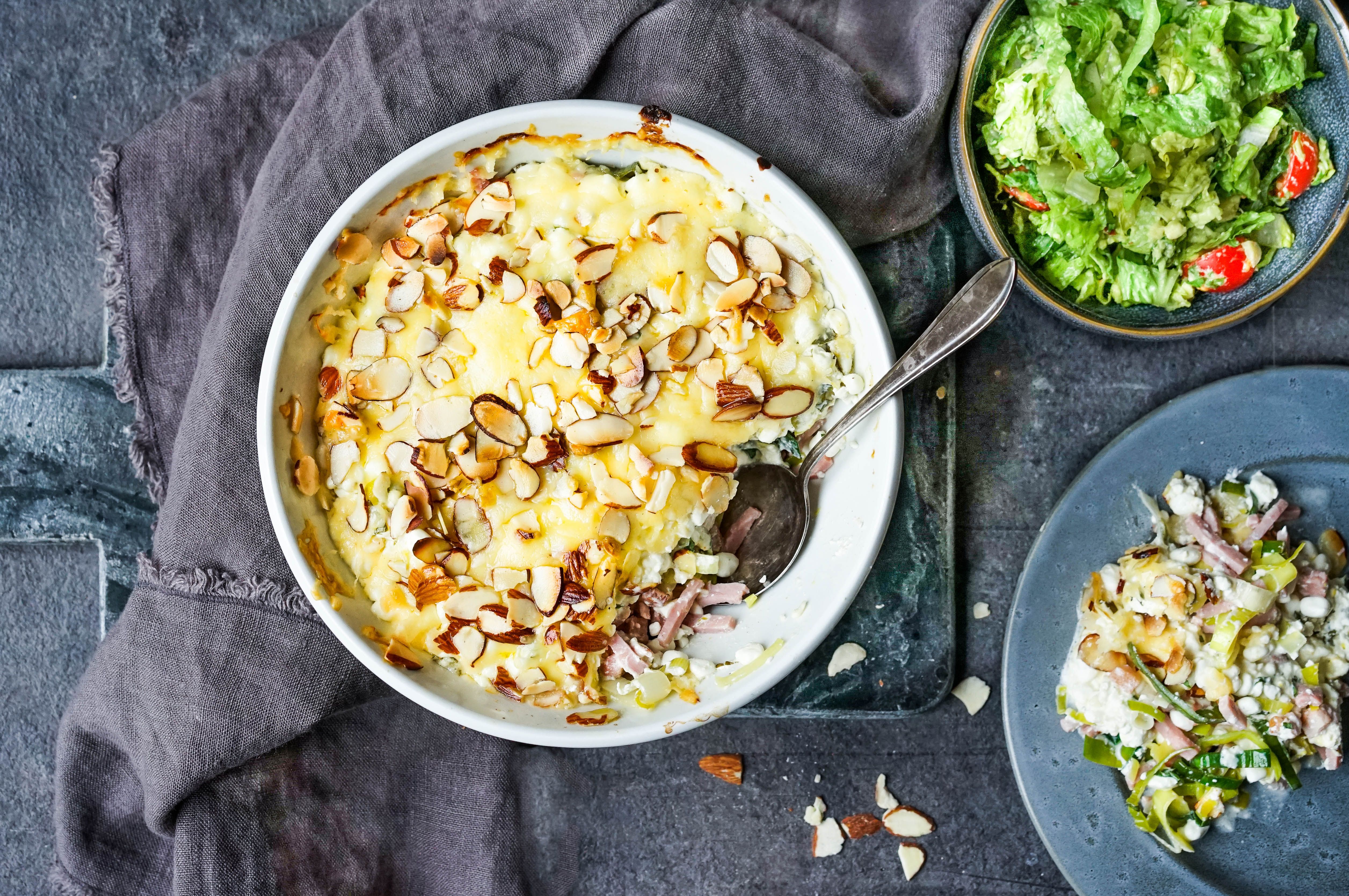 skinkegrateng med purreløk og cottage cheese