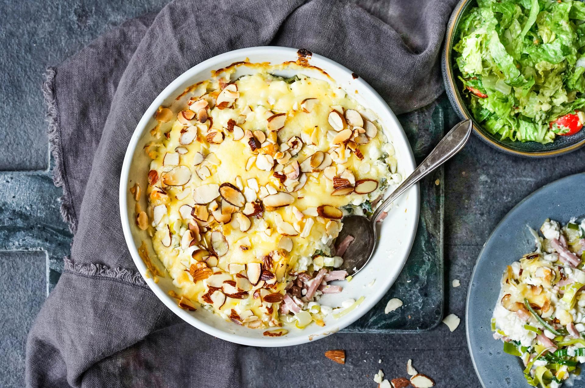 skinkegrateng med purreløk og cottage cheese