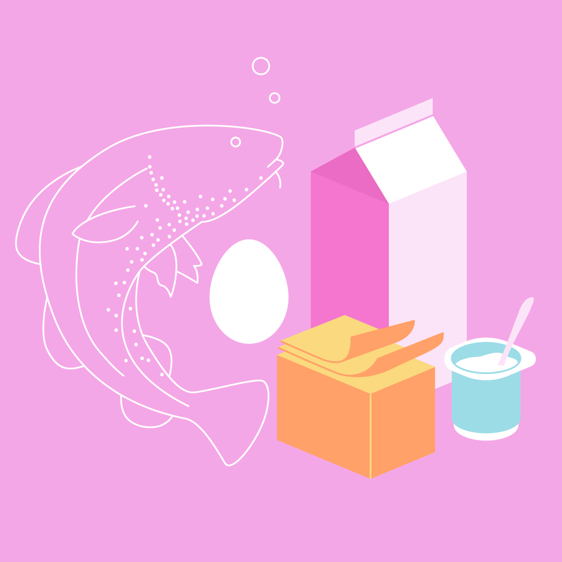 Illustrasjon av torsk, egg, melk, brunost og yoghurt 