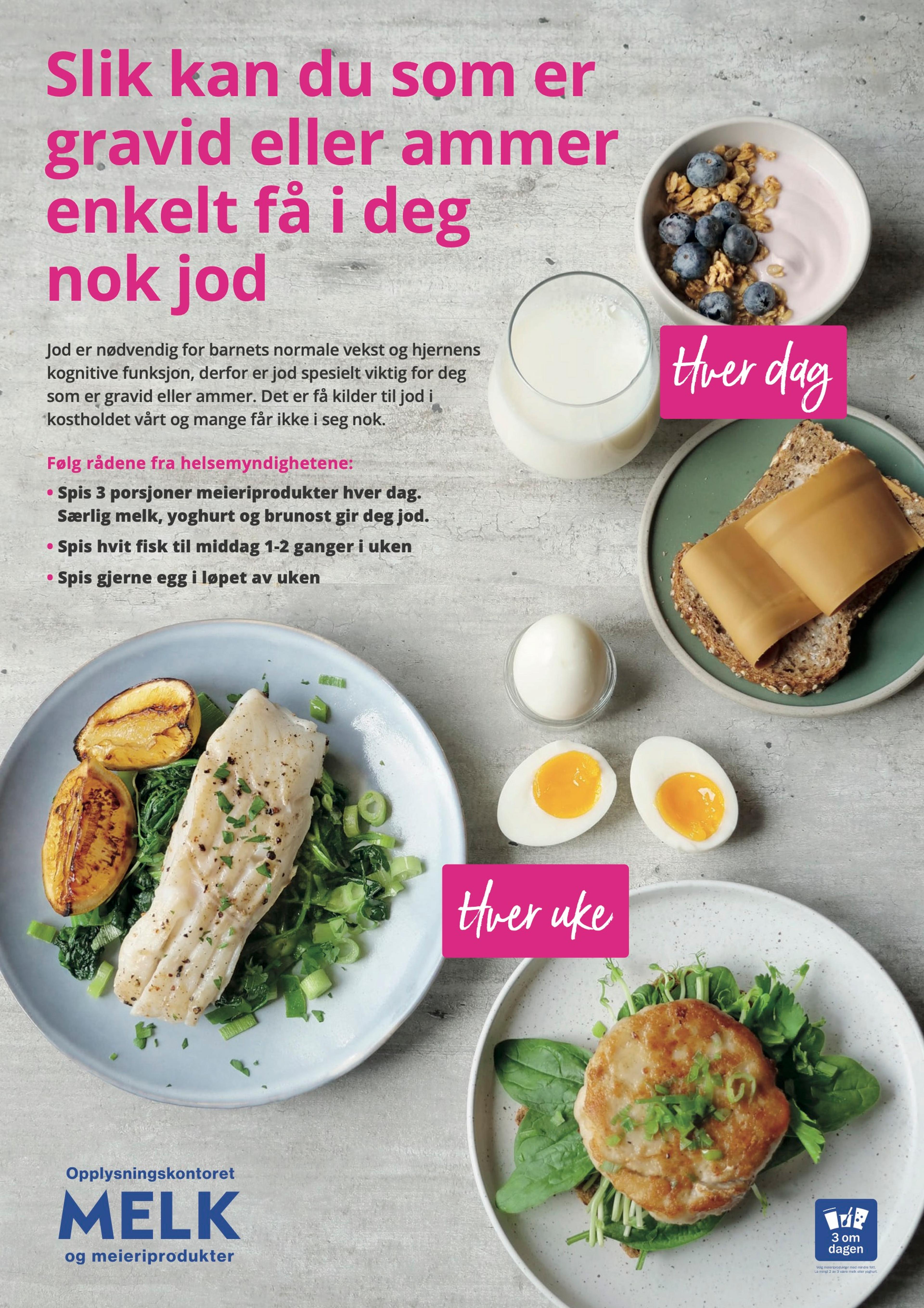Plakat om meieriprodukter og hvit fisk som kilder til jod i norsk kosthold.