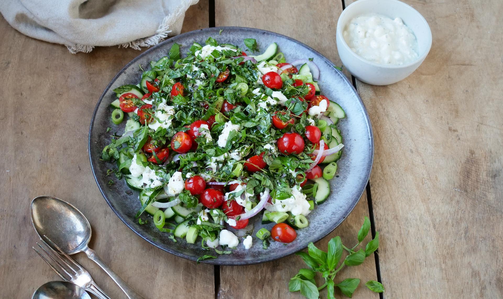 salat med tomat og agurk og dressing med cottage cheese dressing.