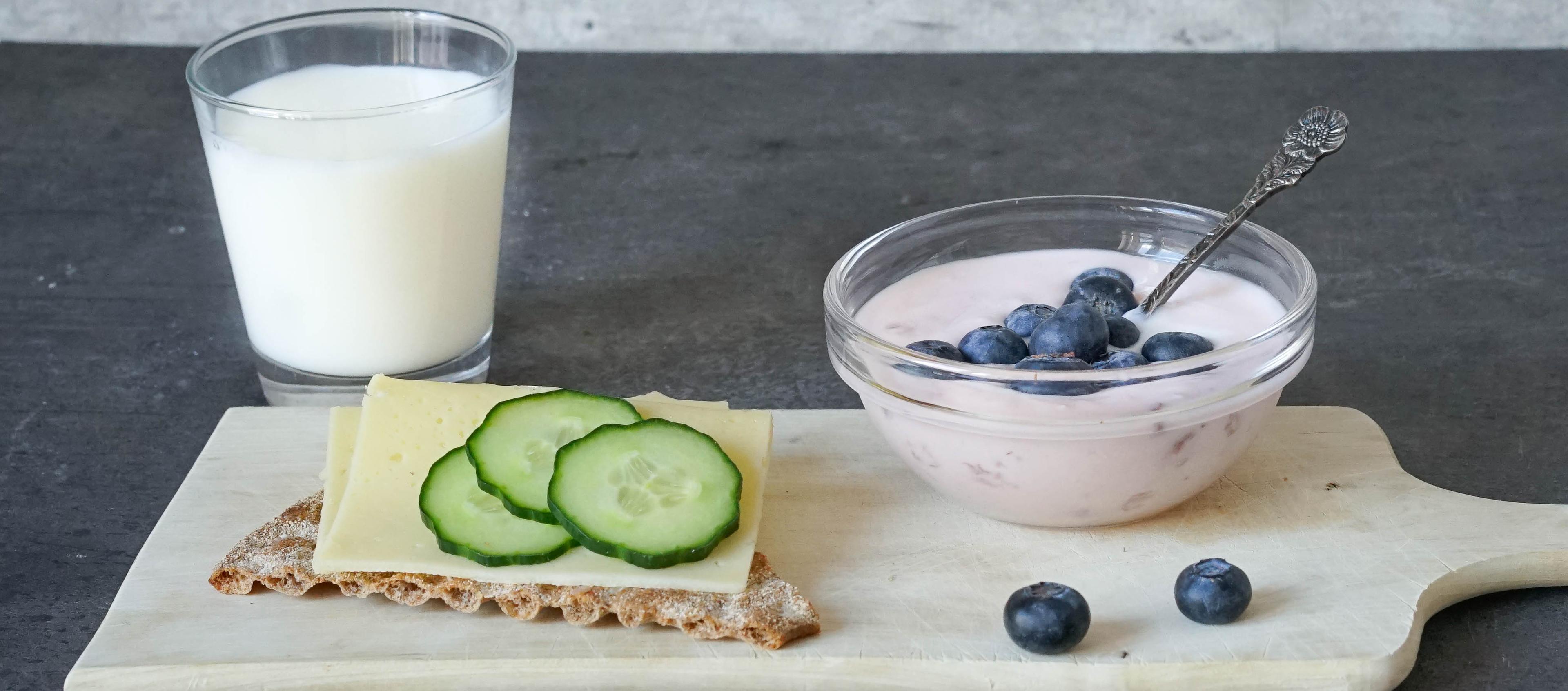 Melk, yoghurt og brødskive med ost