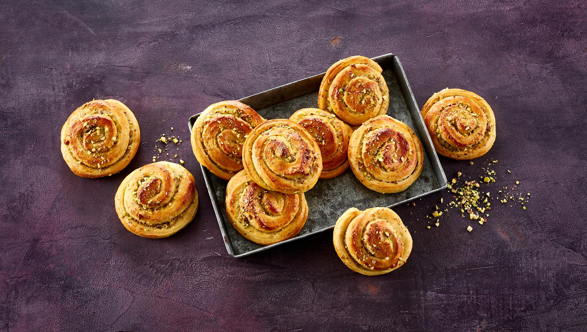 Snurrer med pistasj- og vaniljefyll