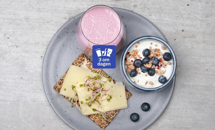 Knekkebrød med gulost og spirer, en skål med yoghurt, blåbær og musli og et glass syrnet melk