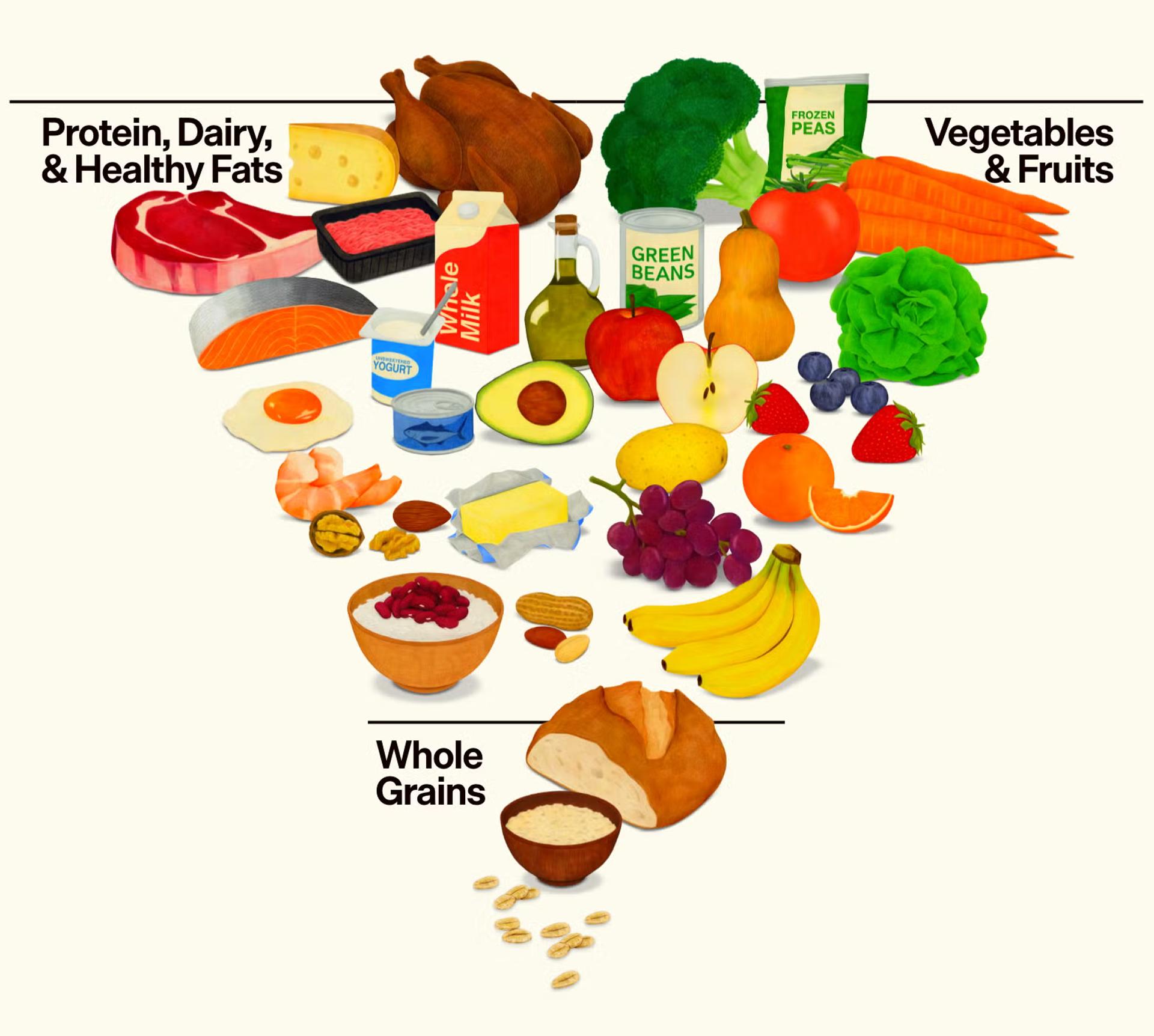 Foto via USDA/realfood.gov: 2025-2030 Dietary Guidelines for Americans updated inverted pyramid food graphic