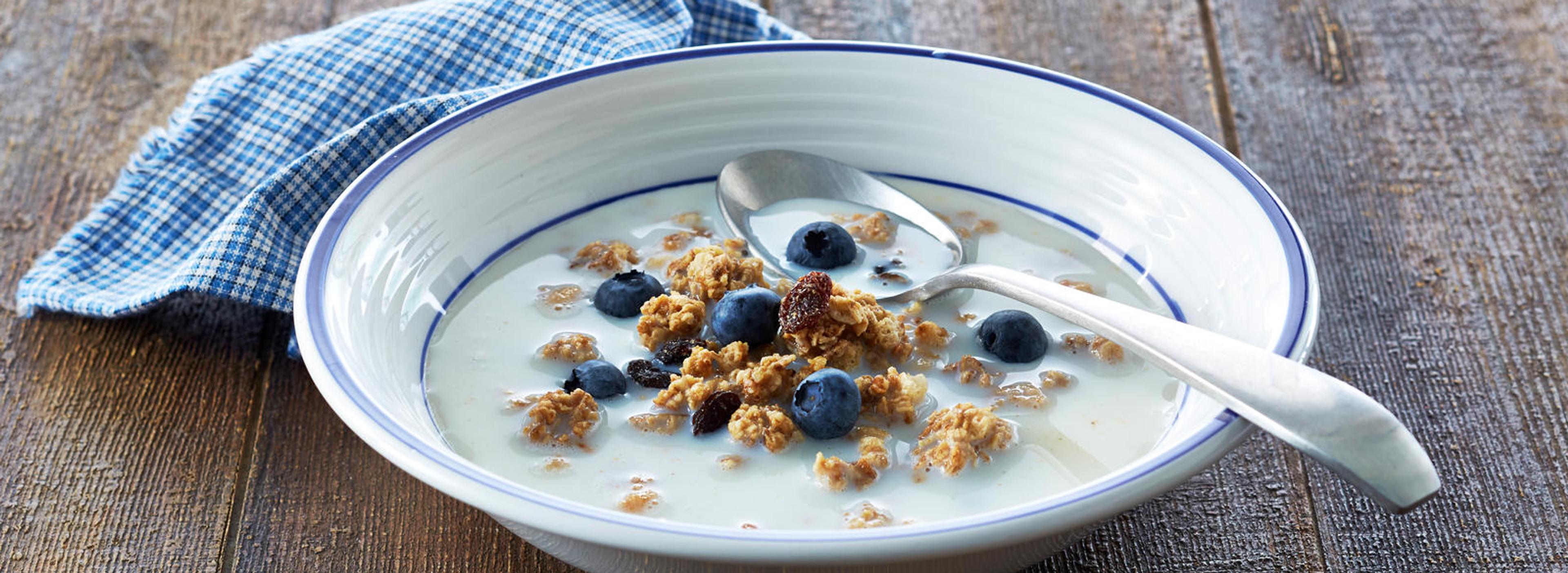 En skål med melk og kornblanding med blåbær.