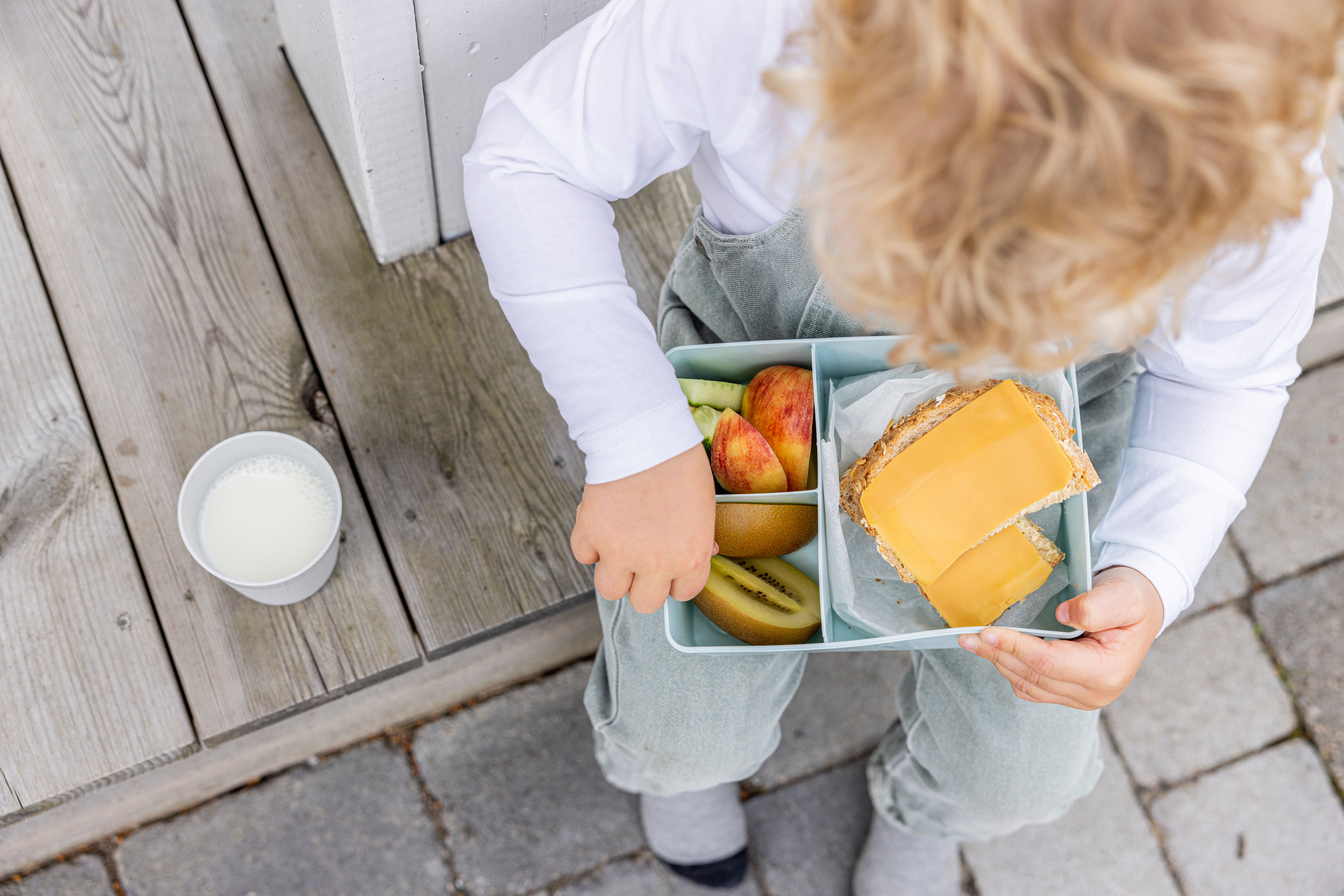 Liten gutt med matboks med frukt og brødskive med brunost
