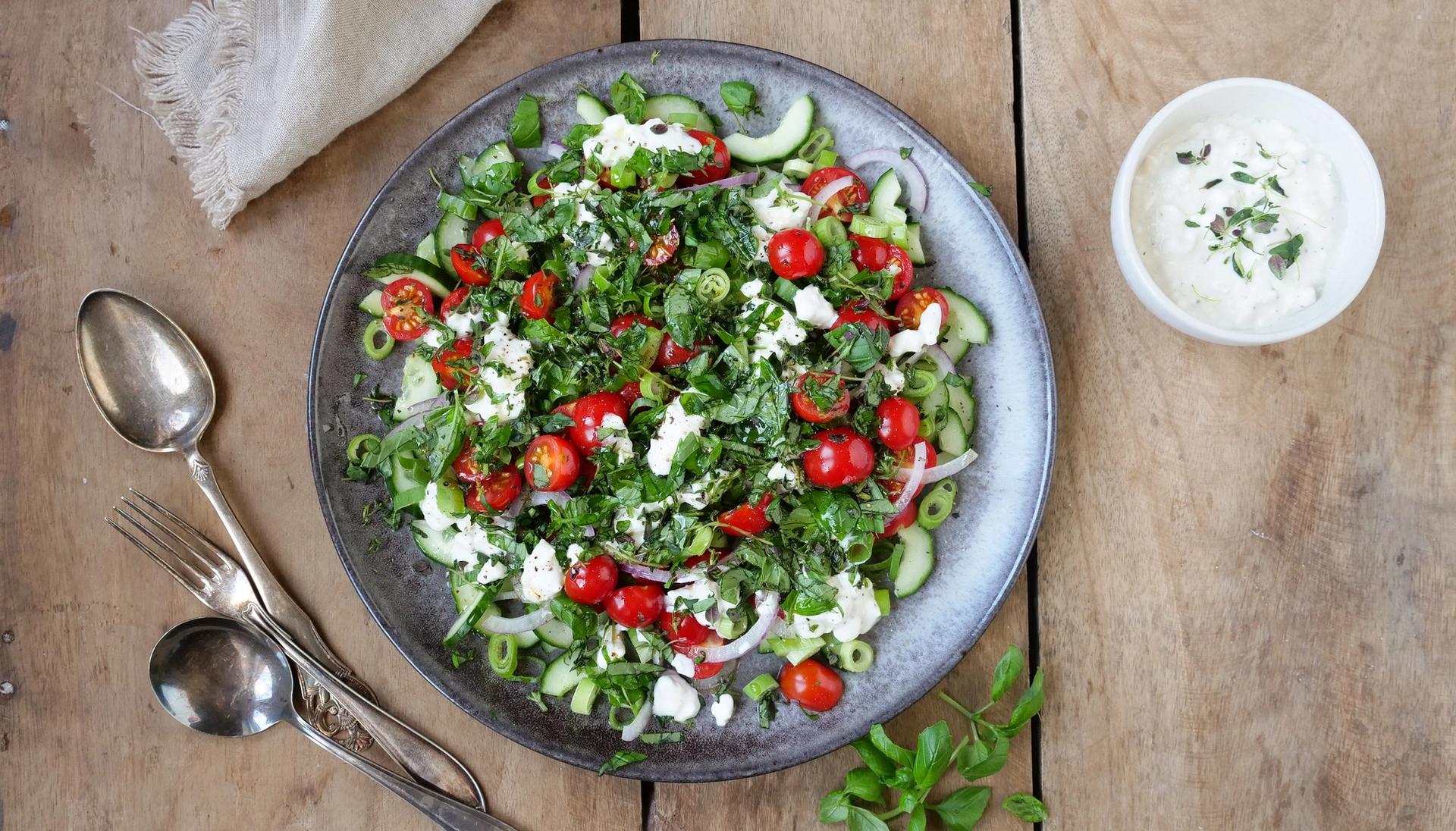 Grønn salat med cottage cheese, tomat, agurk og løk. Dressing på siden.