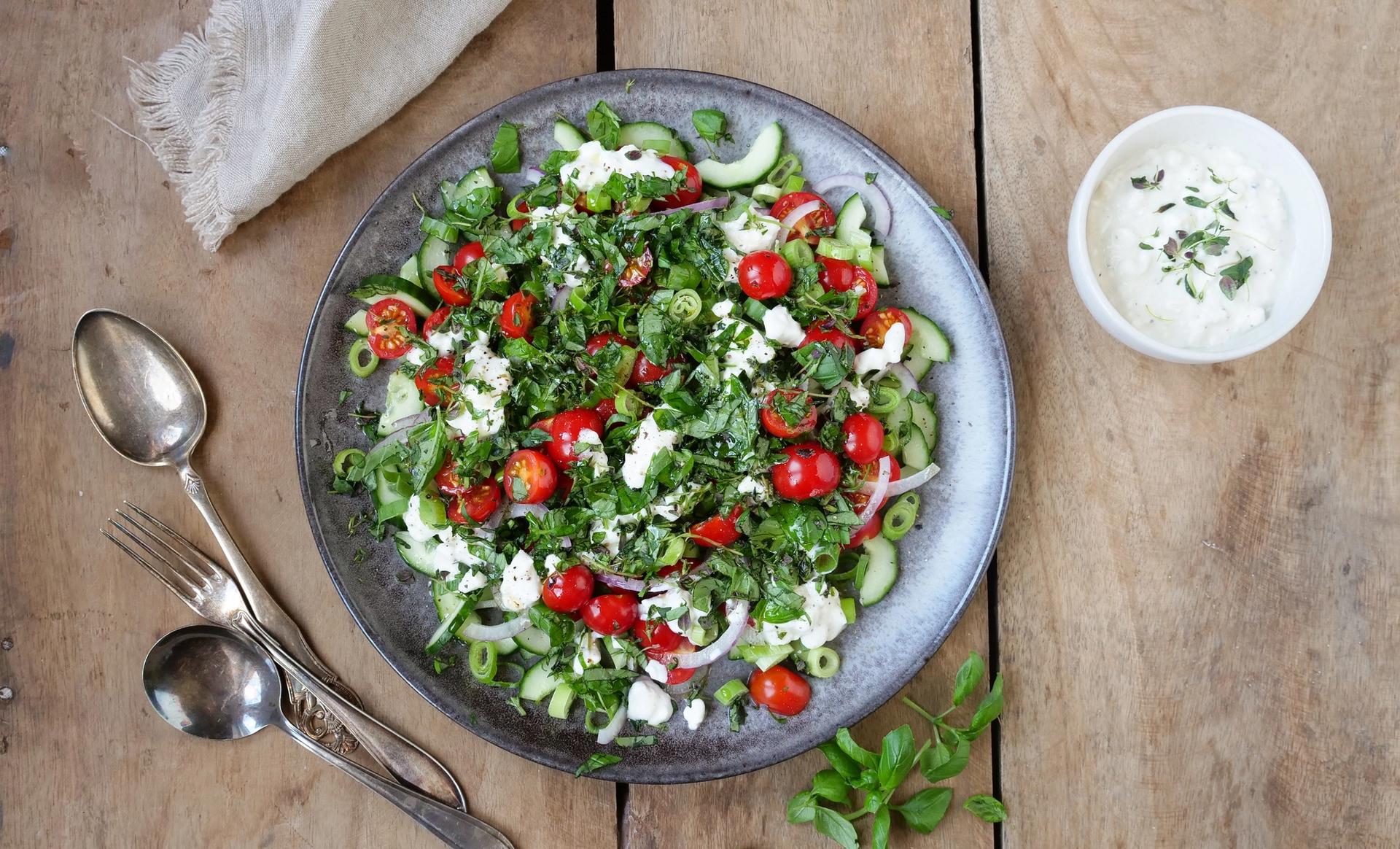 Grønn salat med tomat, cottage cheese, agurk og løk
