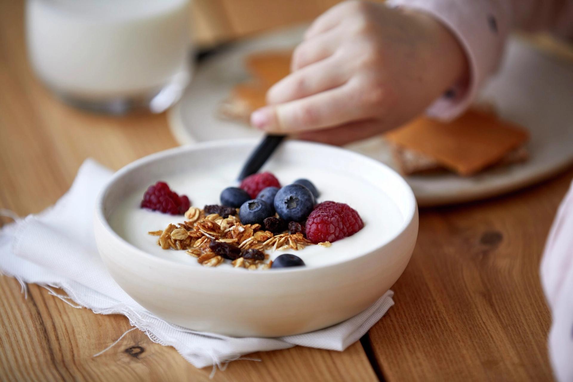Skål med yoghurt, kornblanding og bær
