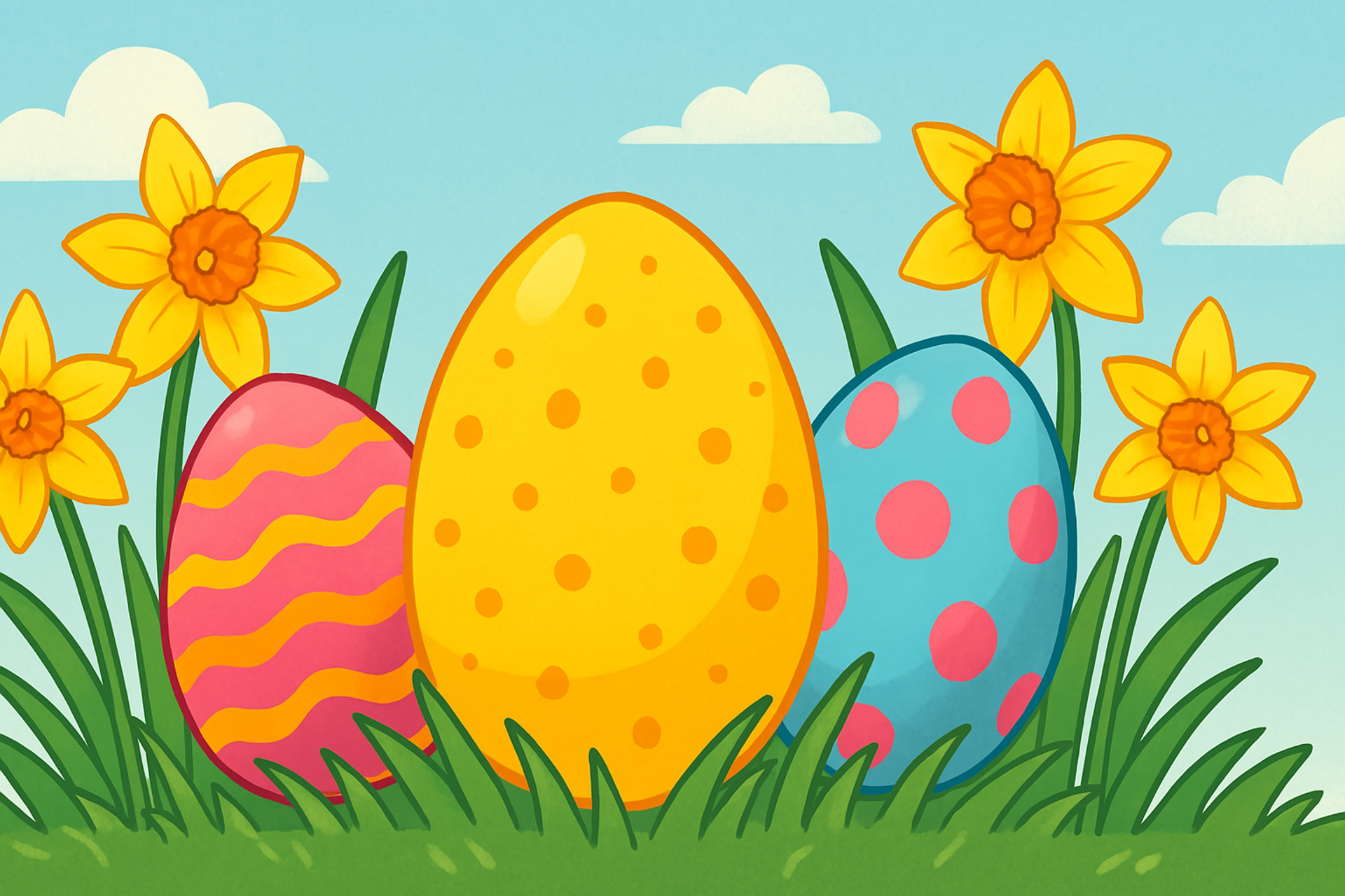 three colorful easter eggs are in the grass with yellow flowers