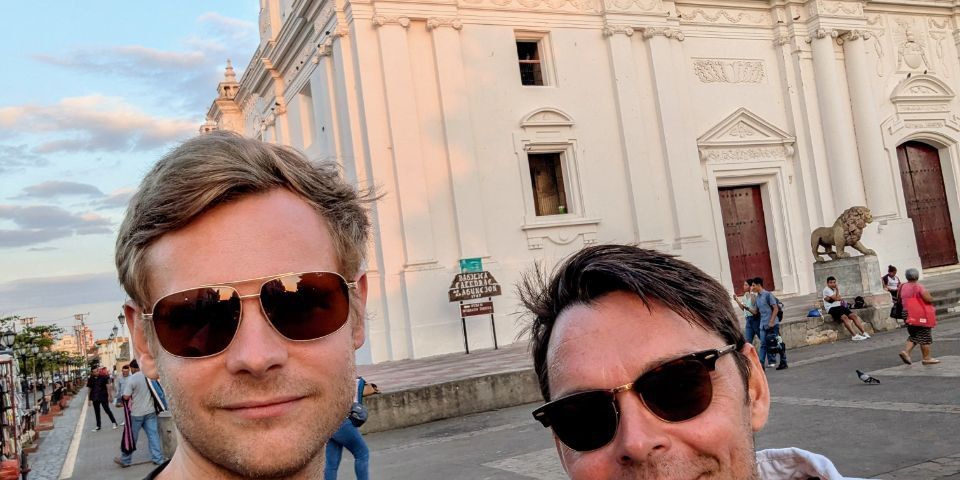 Founders of Sunset Viaje in front of the cathedral in León, Nicaragua, local tour operator and shuttle company