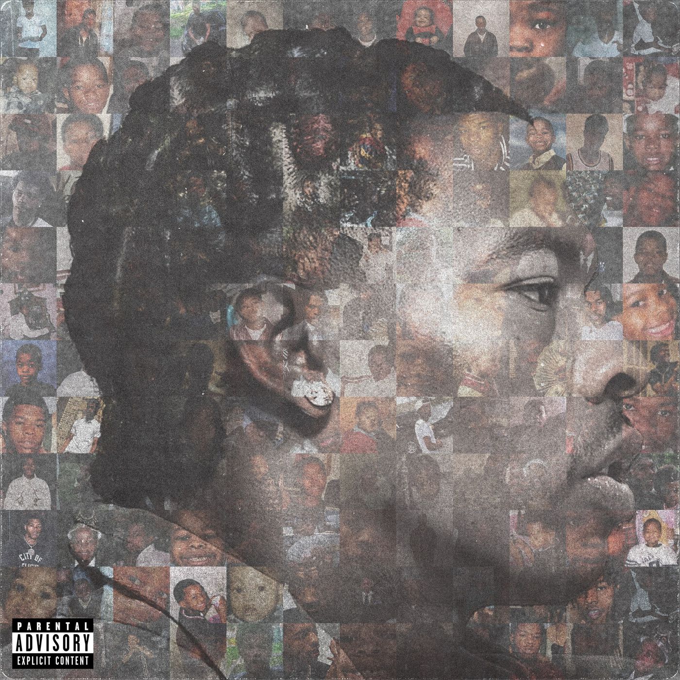 Grainy side profile of a man's face layered over a grid of childhood snapshots, with a Parental Advisory label in the lower left