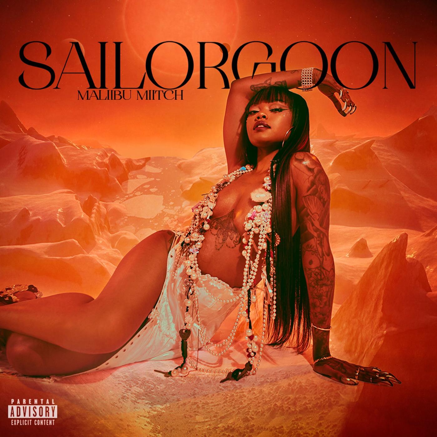 Album artwork for Maliibu Miitch's Sailor Goon, the rapper reclining on an orange rocky landscape under the title in black capitals
