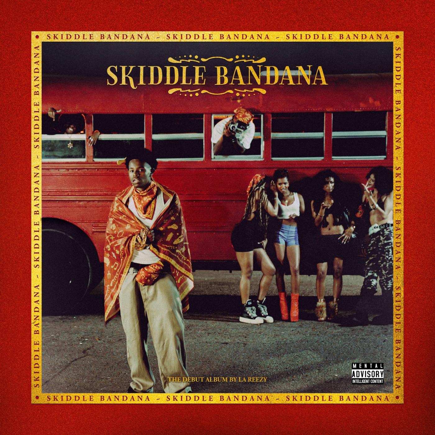 Skiddle Bandana cover: La Reezy in a patterned shawl stands before a red double-decker bus with people at its windows and door, title on a gold banner