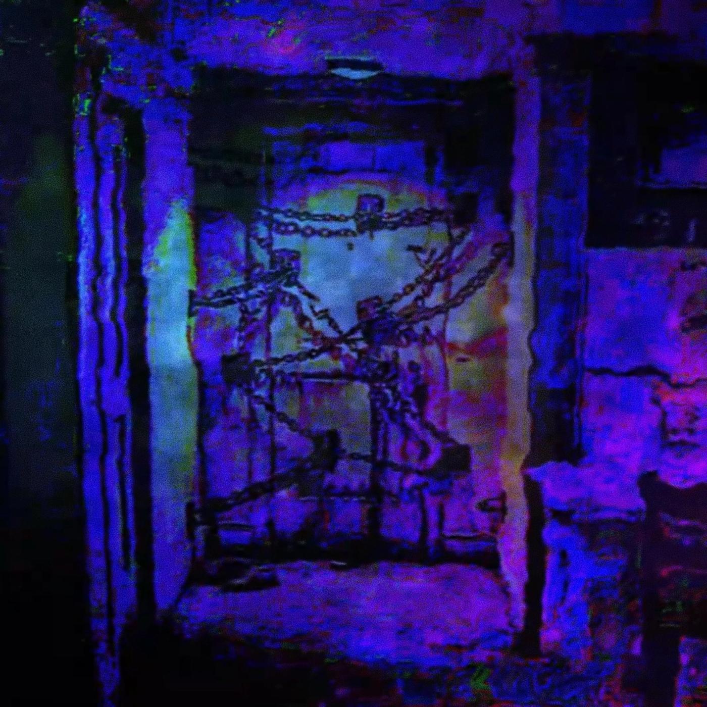 Enchain cover: a dim room washed in purple and blue light, with chains strung across a doorway at the center